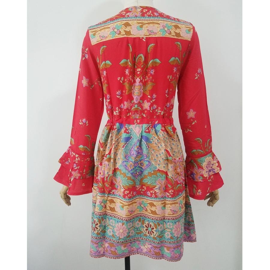 Boho Floral Printed Flare Long Sleeve Drawstring Waist Mini Dress