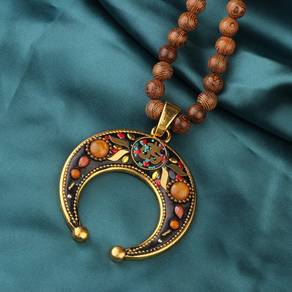 Ethnic Style Vintage Wooden Bead Necklace, Nepalese Style, Handmade and Creative Pendant Jewelry,Sweater necklace For women