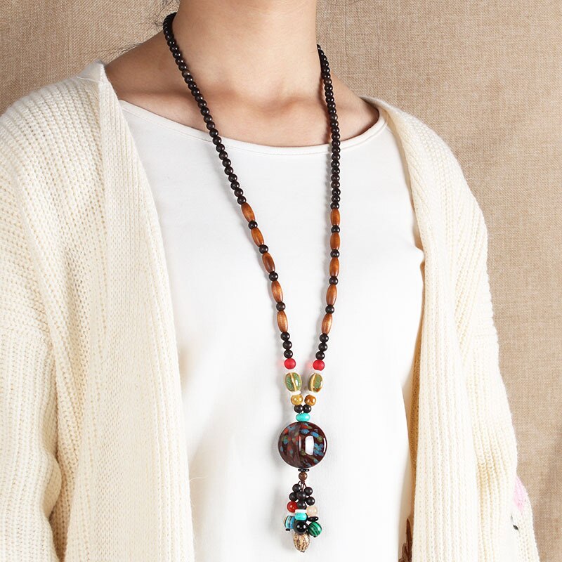 Ethnic Style Vintage Wooden Bead Necklace, Nepalese Style, Handmade and Creative Pendant Jewelry,Sweater necklace For women