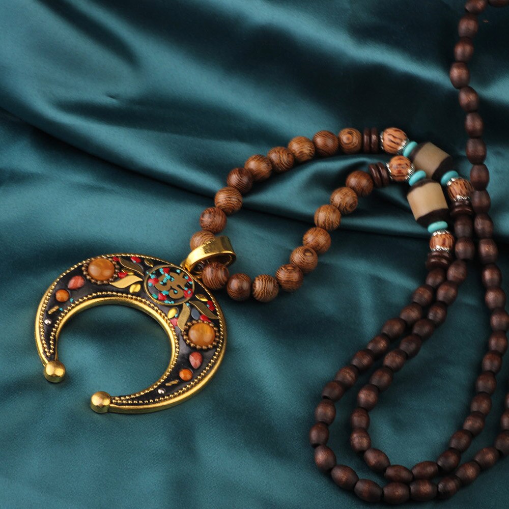 Ethnic Style Vintage Wooden Bead Necklace, Nepalese Style, Handmade and Creative Pendant Jewelry,Sweater necklace For women