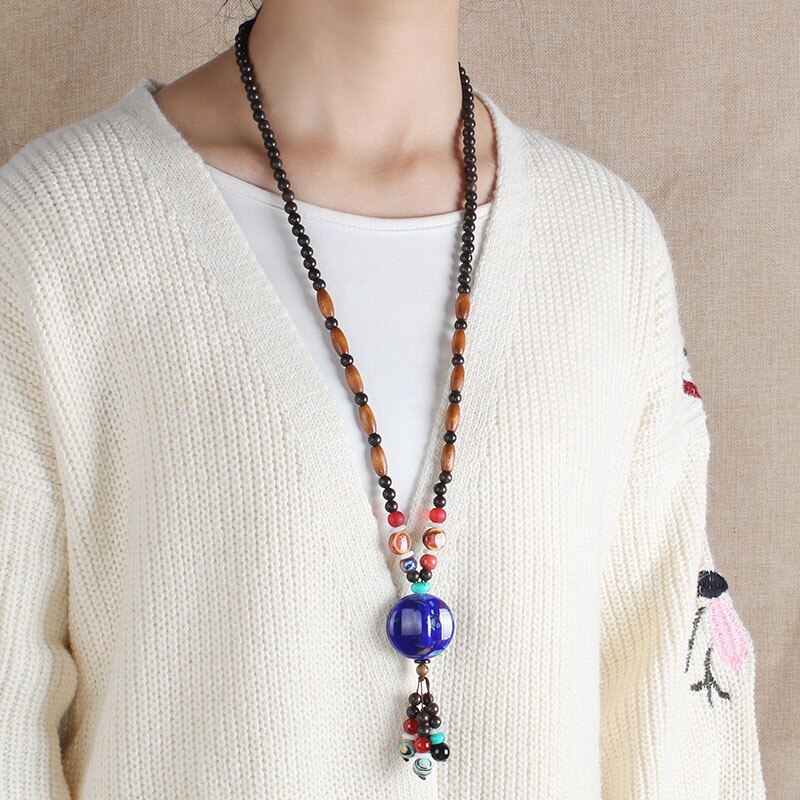 Ethnic Style Vintage Wooden Bead Necklace, Nepalese Style, Handmade and Creative Pendant Jewelry,Sweater necklace For women