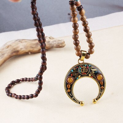 Ethnic Style Vintage Wooden Bead Necklace, Nepalese Style, Handmade and Creative Pendant Jewelry,Sweater necklace For women