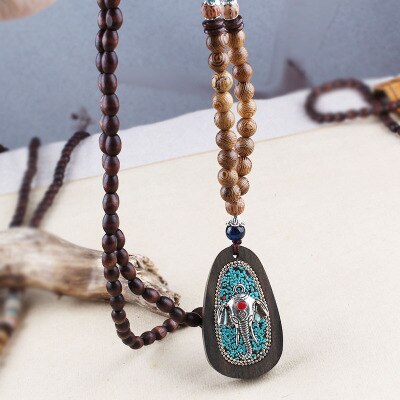 Ethnic Style Vintage Wooden Bead Necklace, Nepalese Style, Handmade and Creative Pendant Jewelry,Sweater necklace For women