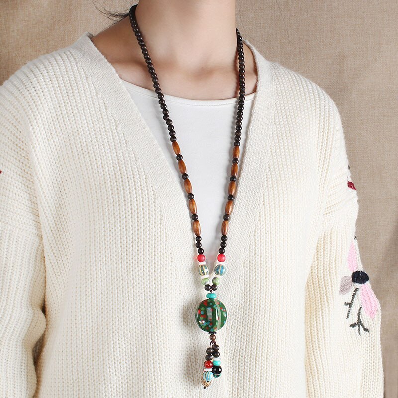 Ethnic Style Vintage Wooden Bead Necklace, Nepalese Style, Handmade and Creative Pendant Jewelry,Sweater necklace For women
