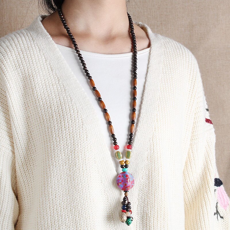 Ethnic Style Vintage Wooden Bead Necklace, Nepalese Style, Handmade and Creative Pendant Jewelry,Sweater necklace For women