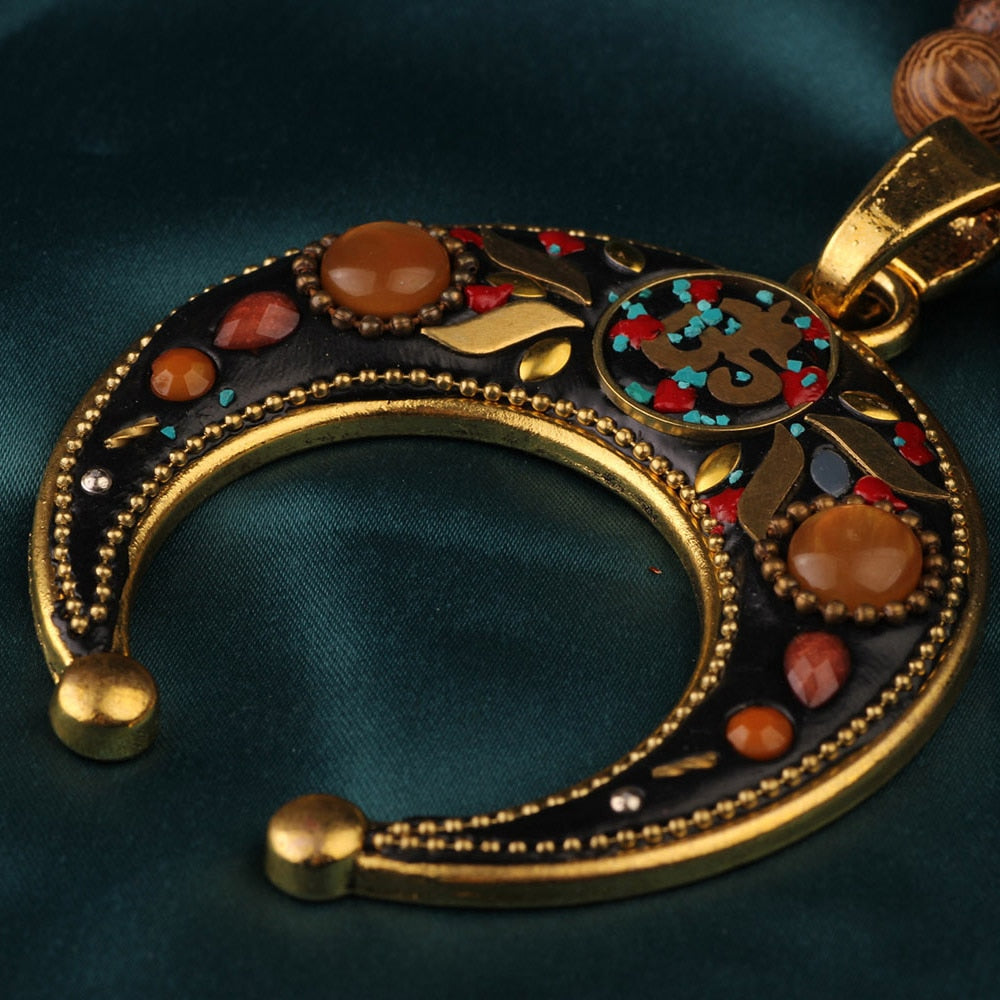 Ethnic Style Vintage Wooden Bead Necklace, Nepalese Style, Handmade and Creative Pendant Jewelry,Sweater necklace For women
