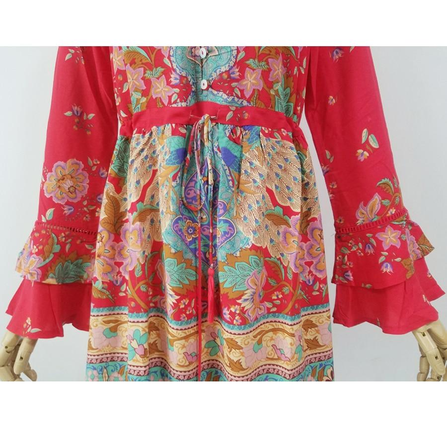 Boho Floral Printed Flare Long Sleeve Drawstring Waist Mini Dress