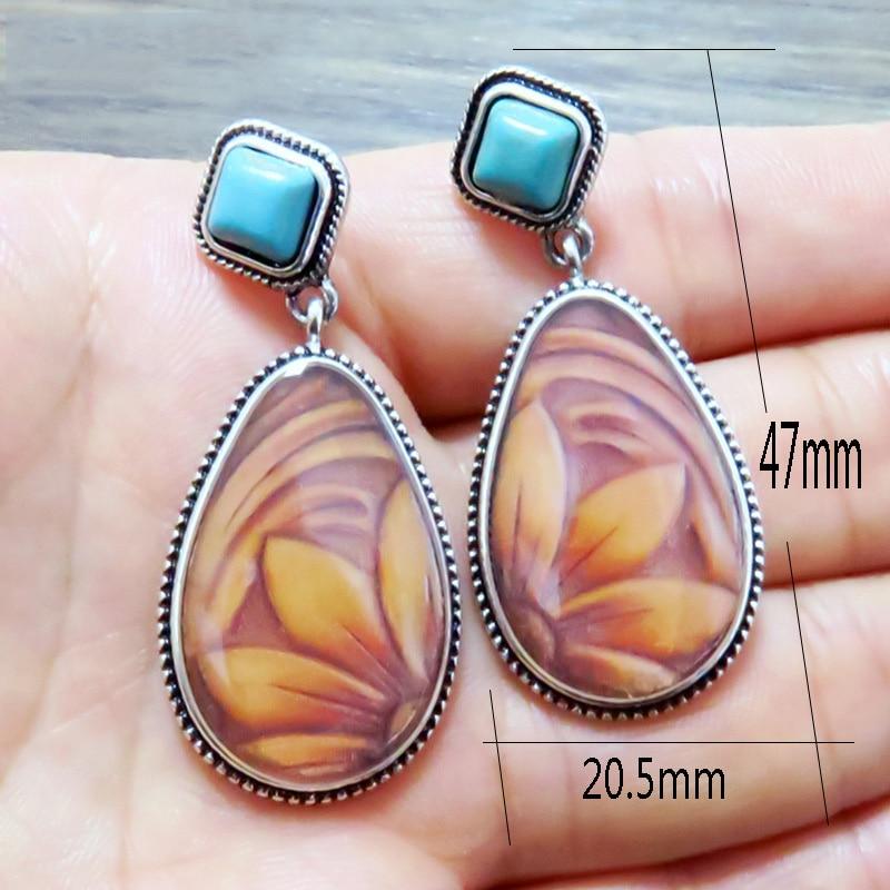 Fashion Vintage Silver Turquoises Earring Big Oval Water Droplet Sun Flower Pattern Dangle Earrings for Women Boho Jewelry