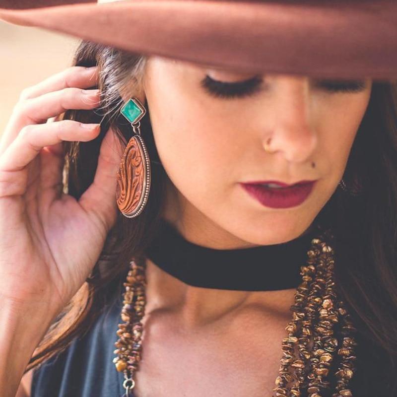 Fashion Vintage Silver Turquoises Earring Big Oval Water Droplet Sun Flower Pattern Dangle Earrings for Women Boho Jewelry