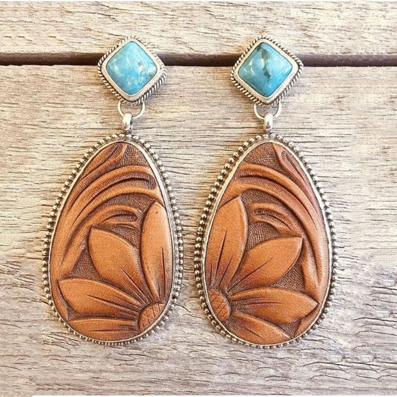 Fashion Vintage Silver Turquoises Earring Big Oval Water Droplet Sun Flower Pattern Dangle Earrings for Women Boho Jewelry