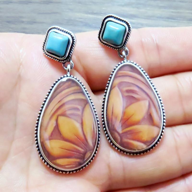 Fashion Vintage Silver Turquoises Earring Big Oval Water Droplet Sun Flower Pattern Dangle Earrings for Women Boho Jewelry