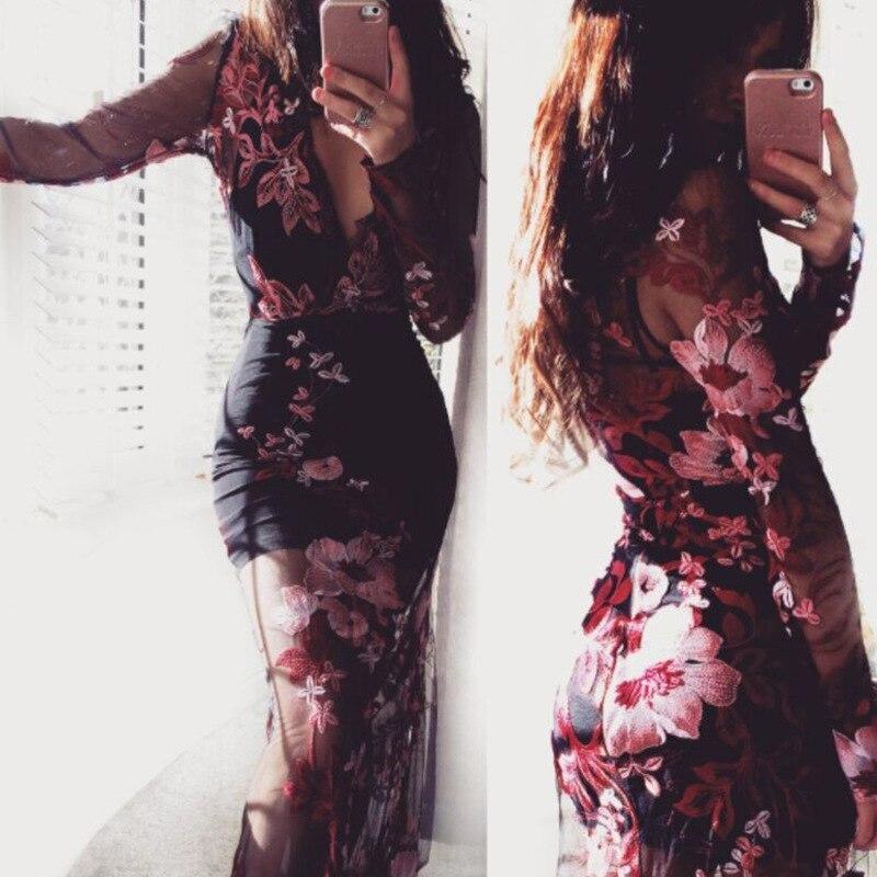 Women See Through Black Gauze Mesh Lace Sexy Deep V-neck Bodycon Floral Dress