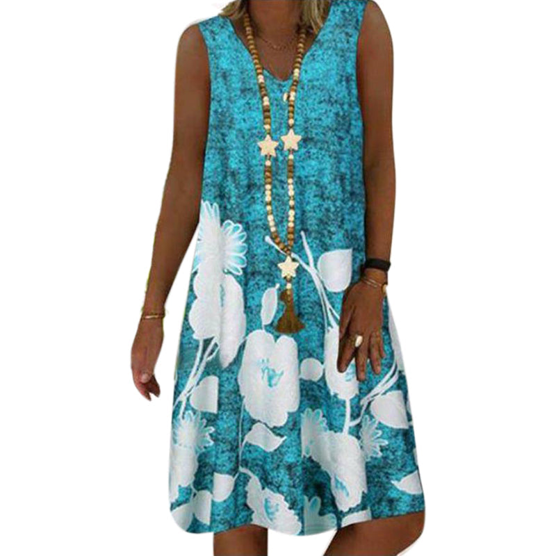Women Summer Casual Printed Sleeveless Floarl Dress - emogogo