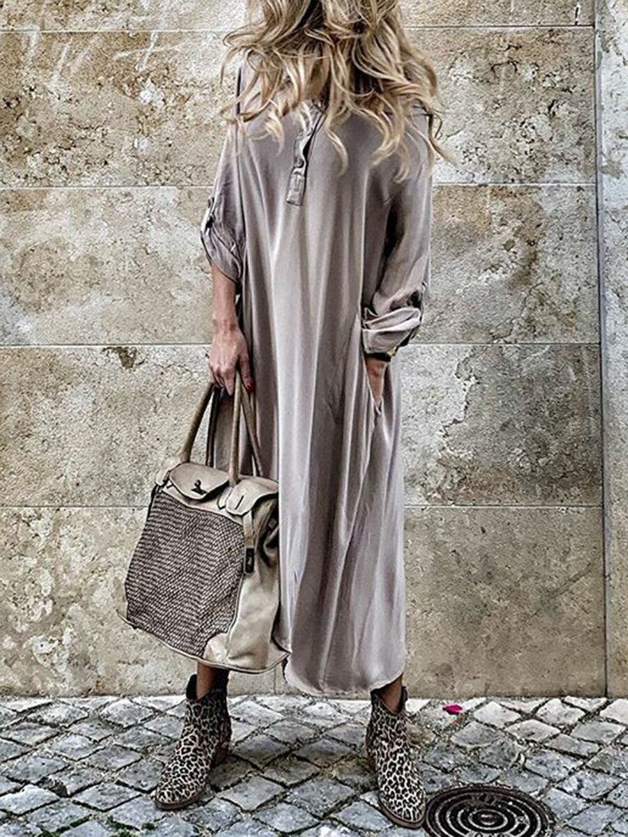 Autumn Women Long Sleeve Casual Buttons Loose Maxi Ladies Fashion Dress