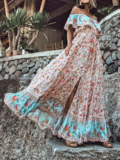 Off-the-shoulder Bohemia Maxi Chiffon Floral Print Dress Beach Style Vacation Dress