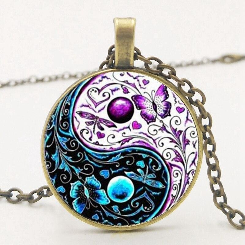 3 Colors Tibet Cabochon Glass Pendant Chain Necklace Ying Yang Butterfly Gifts