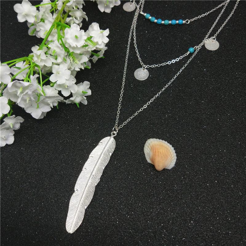Boho Feather Leaf Multilayer Chocker Necklace Jewelry - emogogo