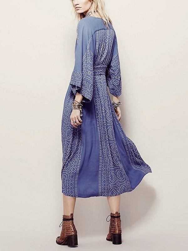 Solid Color Flare Sleeve Long Dresses Vintage Elegant Casual Dress