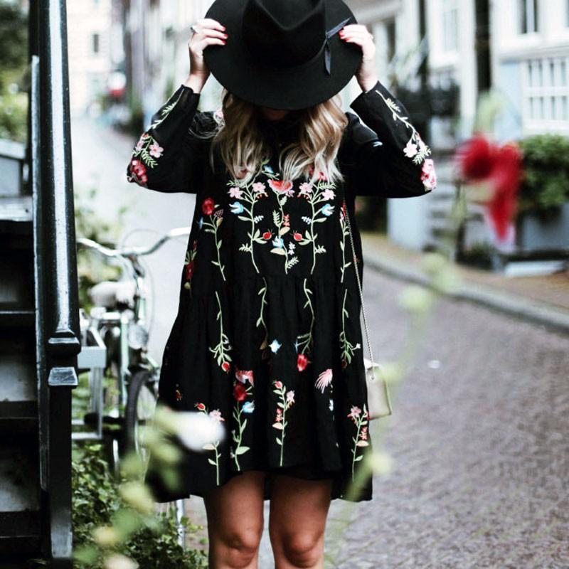 Black Loose Floral Embroidered Long Sleeve Round Neck Mini Dress