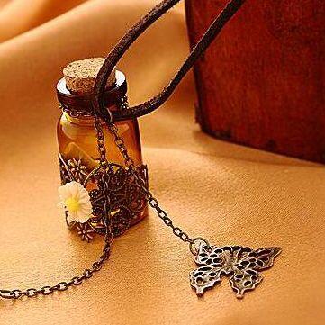 Long Leather String Of Carve Designs On Woodwork Cork Wish Bottle Necklace