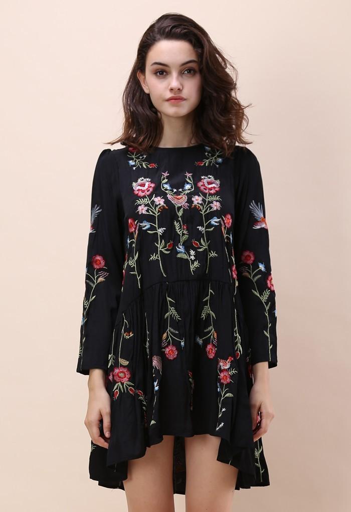 Black Loose Floral Embroidered Long Sleeve Round Neck Mini Dress