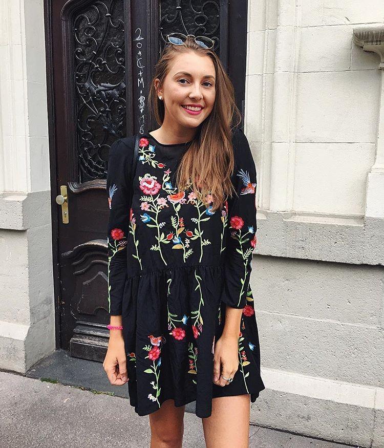 Black Loose Floral Embroidered Long Sleeve Round Neck Mini Dress