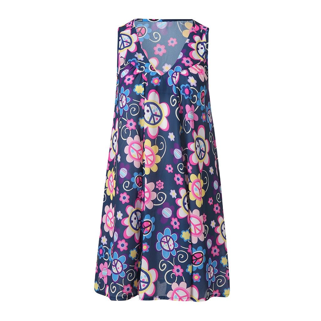 Casual Vacation Bohemian Beach V-Neck Sleeveless Beach Printed Mini Dress