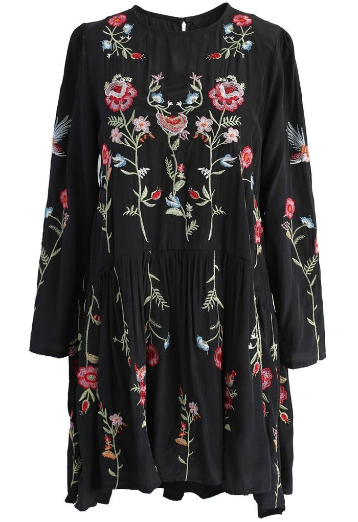 Black Loose Floral Embroidered Long Sleeve Round Neck Mini Dress