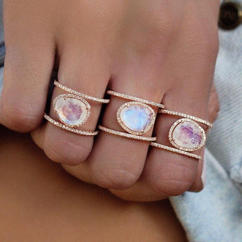 Simple Diamond Beach Natural Moonstone Hollow Ring