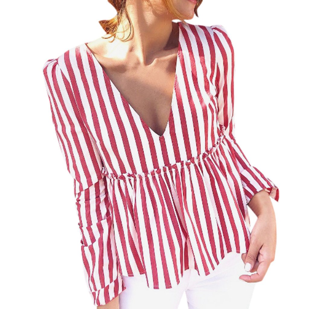 Tops Womens new arrived Casual Striped V-Neck Full sleeve Shirt brief t-shirt