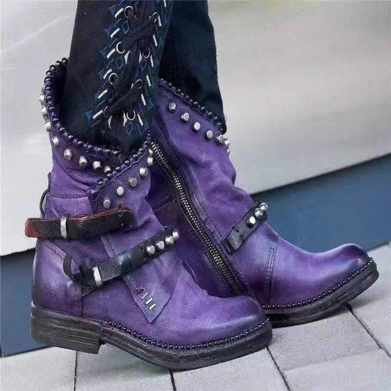 Autumn Winter Woman Mid-Calf PU Leather Round Toe Shoes Low Heel Rivet Cool Motorcycle Boots