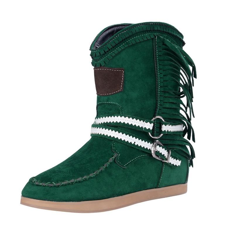 Fringe Midden Laarzen Vrouwen Sexy Kwastje Laarzen Mode Gesp Motorlaarzen Platte Hak Laars Vrouwen Cowboy Stijl Boot