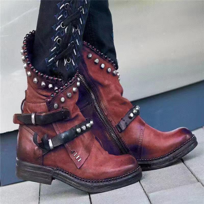 Autumn Winter Woman Mid-Calf PU Leather Round Toe Shoes Low Heel Rivet Cool Motorcycle Boots