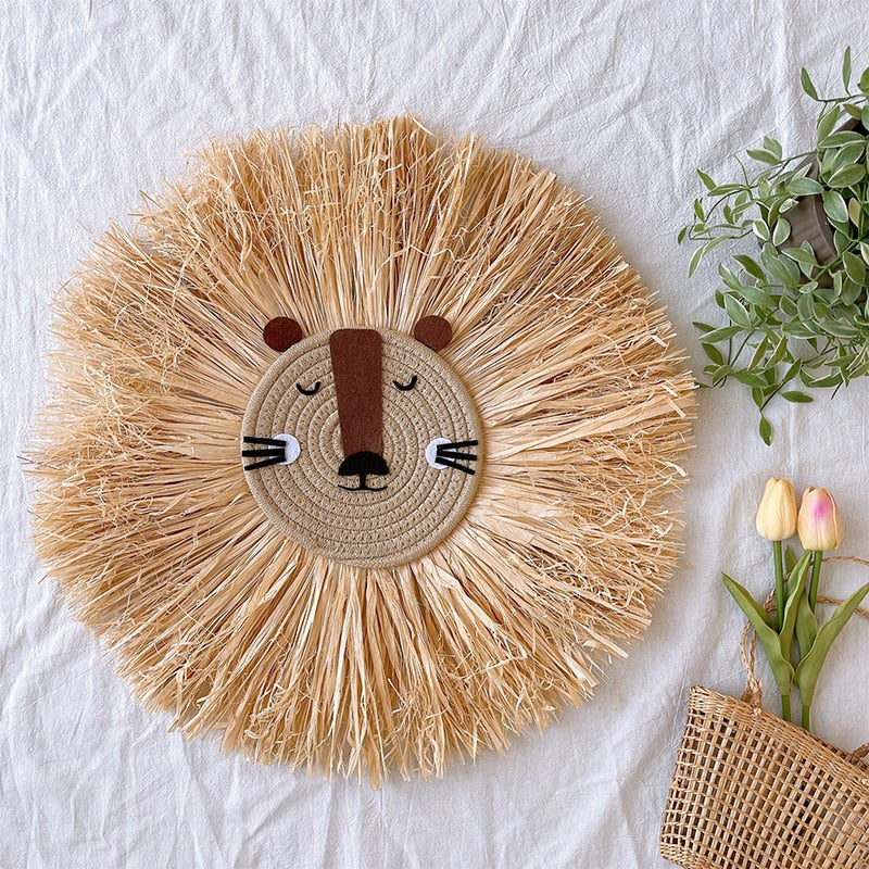 Home decoration Tapestry Handwoven Cartoon Lion Hanging Decorations Cute Animal Head Ornament Children room Wall Hanging