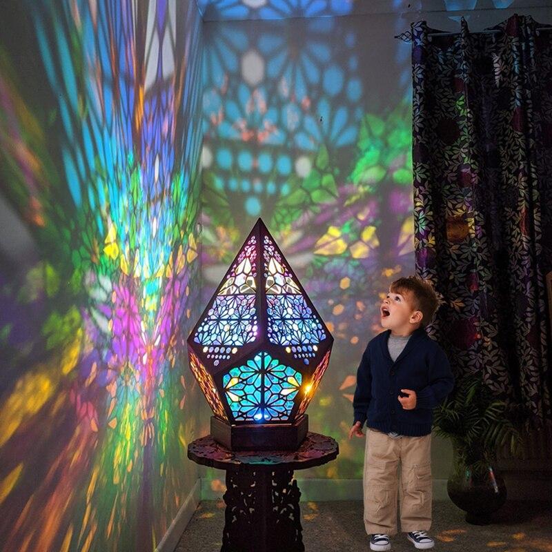 Wooden Hollow LED Projection Night Lamp Bohemian Colorful Projector Desk Lamp Household Home Decor Holiday Atmosphere Lighting