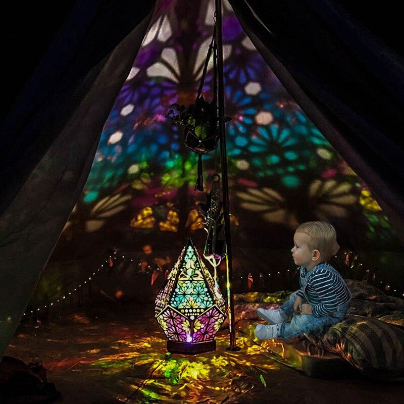 Wooden Hollow LED Projection Night Lamp Bohemian Colorful Projector Desk Lamp Household Home Decor Holiday Atmosphere Lighting