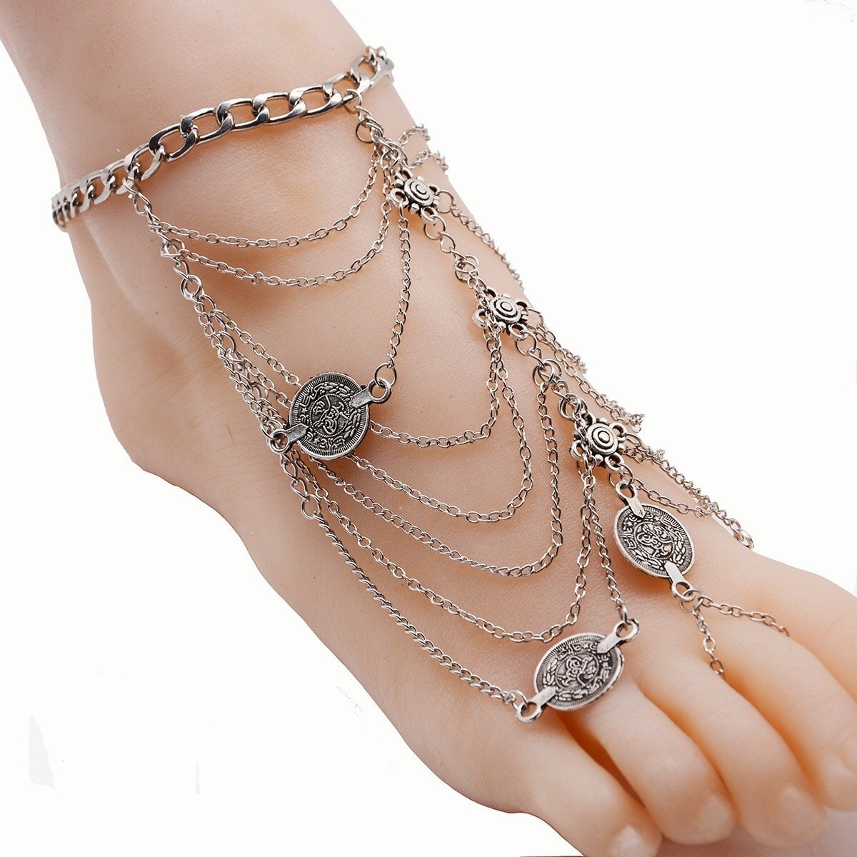 Bohemian punk retro wind metal multi-layer chain tassel coin anklet