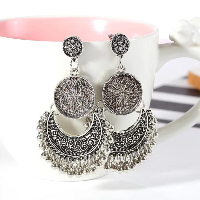 3 Colors Bohemian Indian Antique Moon Shape Carved Flower Tassels Earrings