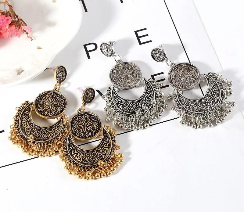 3 Colors Bohemian Indian Antique Moon Shape Carved Flower Tassels Earrings
