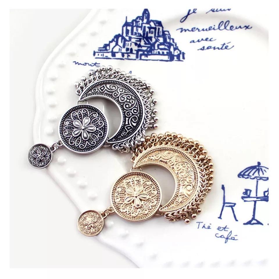 3 Colors Bohemian Indian Antique Moon Shape Carved Flower Tassels Earrings