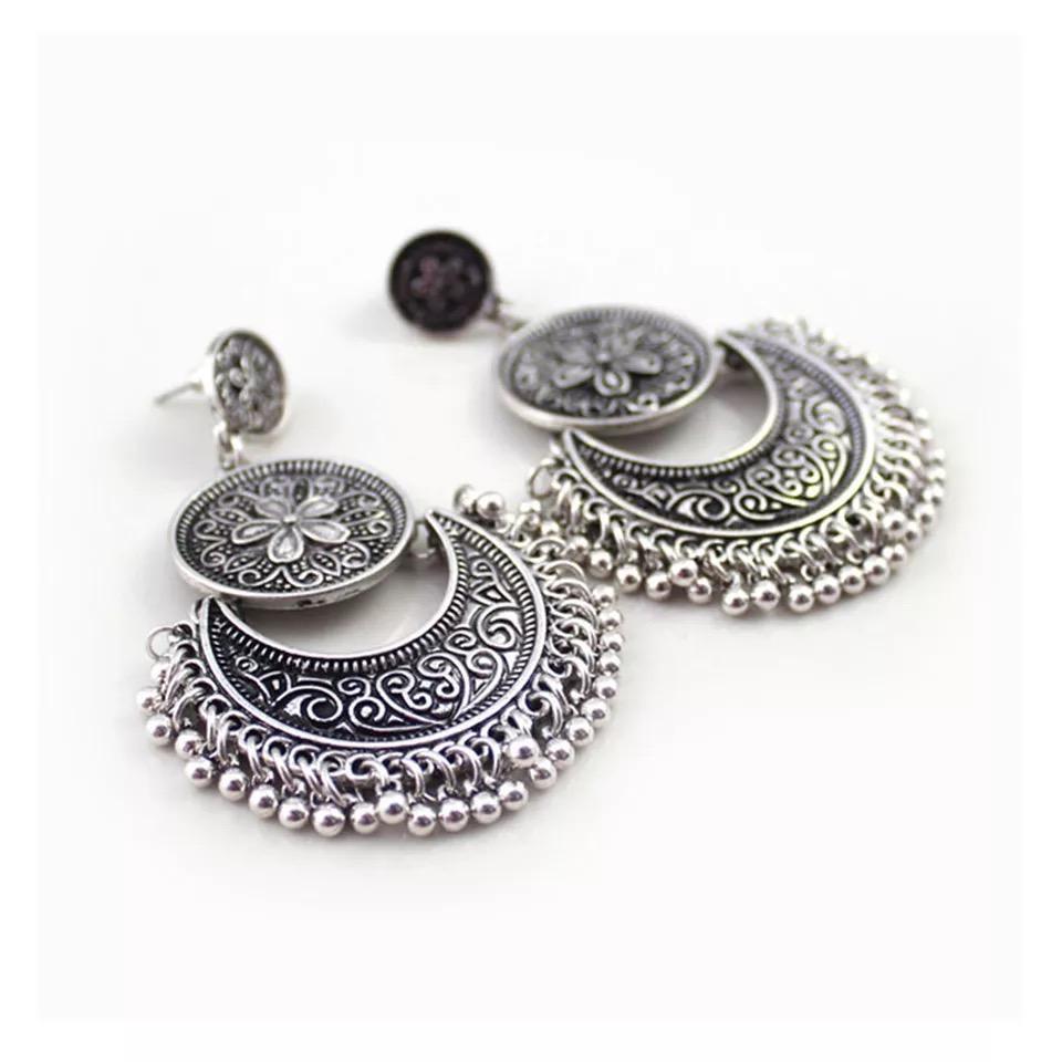 3 Colors Bohemian Indian Antique Moon Shape Carved Flower Tassels Earrings
