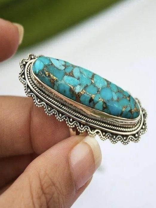 Vintage Look Tibet Alloy Antique Silver Plated Personality Green Oval Turquoise Ring