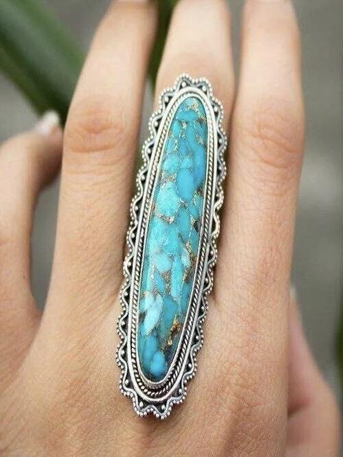 Vintage Look Tibet Alloy Antique Silver Plated Personality Green Oval Turquoise Ring
