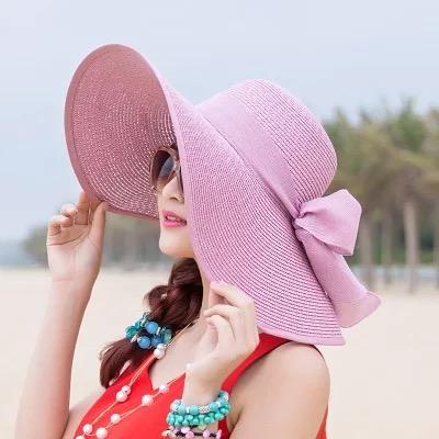 Large Brim Solid Color Floppy Hat Sun Hat Beach Women Hat Foldable Summer UV Protect Travel Casual Hat Female
