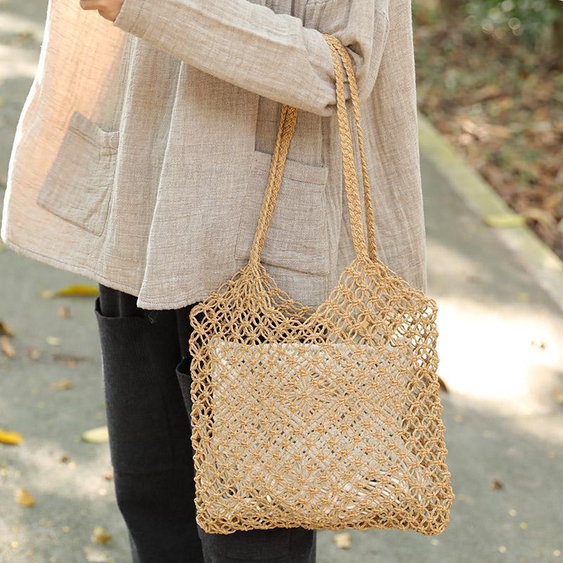 Casual Straw Knitted Khaki Handbag Shoulder Bag For Women