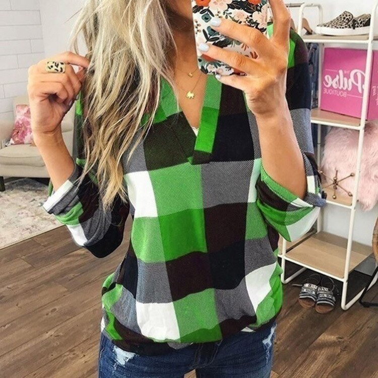 Women Plaid Blouse Plus Size Shirt Long Sleeve Tunic Tops - emogogo
