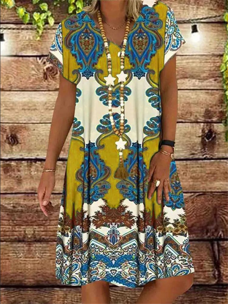 Summer Women V-neck Print Vintage Short Sleeve Party Dress - emogogo