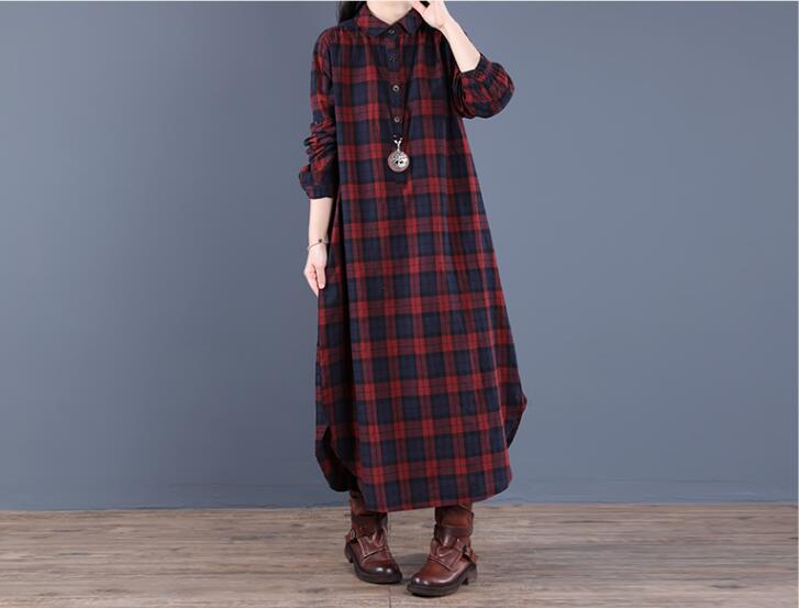 New Spring Autumn Shirt Dress Vintage Loose Cotton Long Dress Vestidos Robe D ETE Femme Literary Plaid Woman Dress