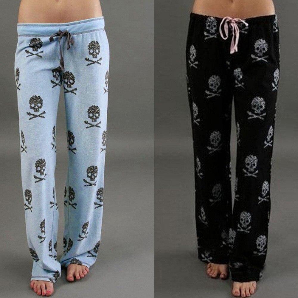 New Pants Women Lady Causal Daily High Waist Skull Print Wide Calf Length Long Leg Pants