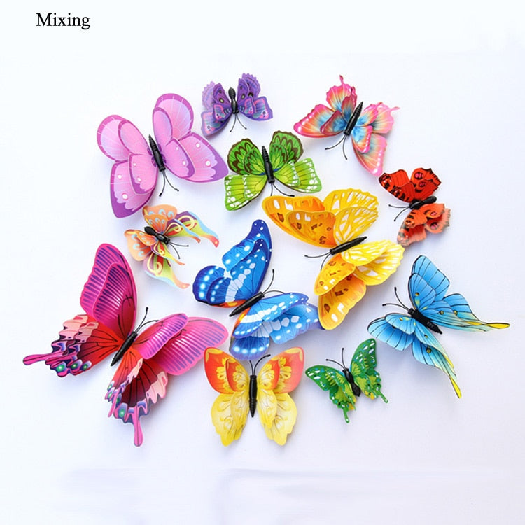 New style 12Pcs Double layer 3D Butterfly Wall Sticker on the wall Home Decor Butterflies for decoration Magnet Fridge stickers